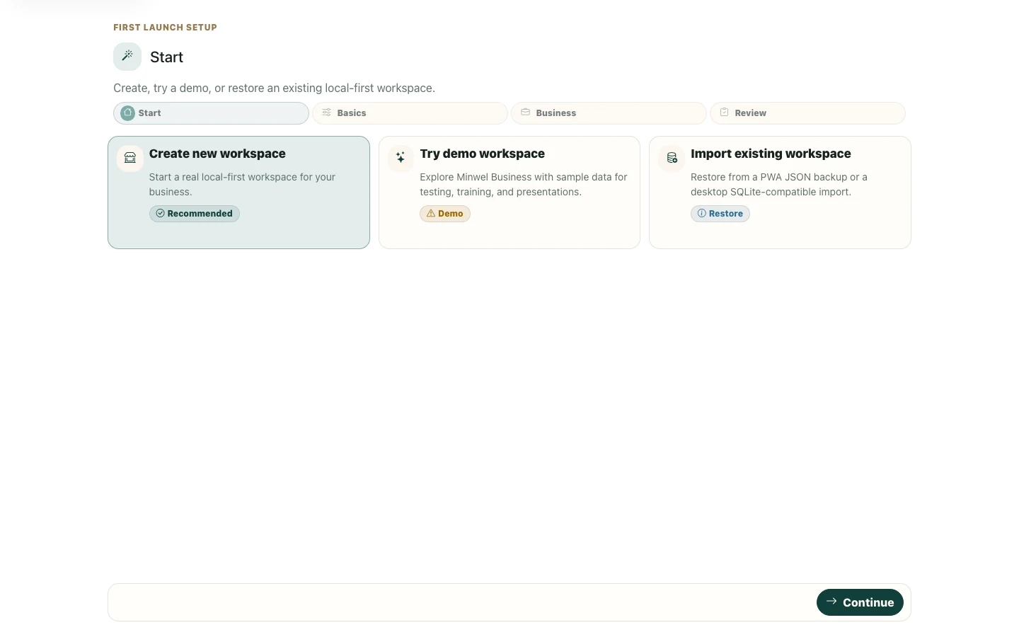 Minwel Business workspace setup and business-profile selection