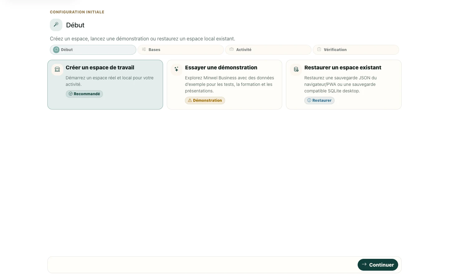 Configuration d’un espace Minwel Business et sélection du profil d’activité